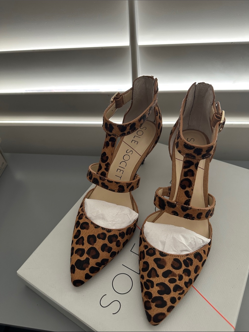 Sole Society Leopard-Print T-Strap Pointed-Toe Heels in Tan and Black